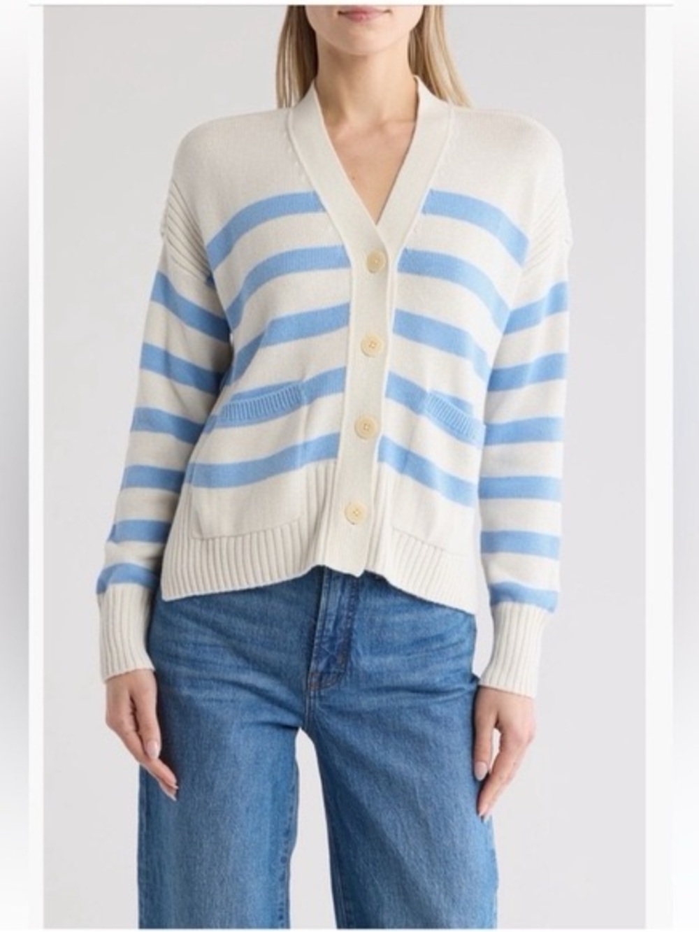 Madewell V-Neck Emmett Cardigan Sweater Sharon Stripe Blue Size Medium